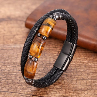 Buddha Gift Natural Tiger Eye Protection Willpower Magnetic Buckle Leather Bracelet
