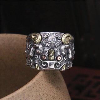 Buddha Gift 925 Sterling Silver Fengshui Kui Cattle Protection Adjustable Ring