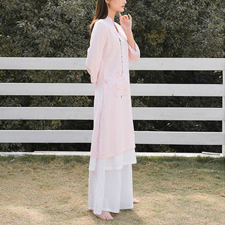 Buddha Gift 2Pcs Lotus Pattern Tai Chi Meditation Yoga Cotton Linen Clothing Top Pants Women's Set