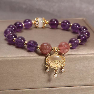Buddha Gift Natural Amethyst Strawberry Quartz Cat Eye Chinese Lock Charm Healing Bracelet