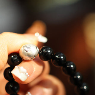 Buddha Gift 925 Sterling Silver Black Onyx Bead Character Engraved Protection Bracelet