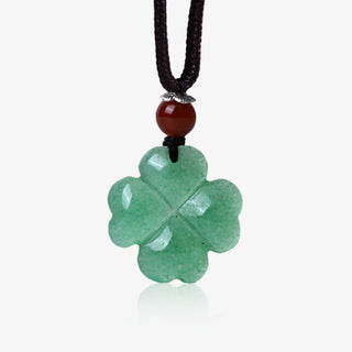 Buddha Gift 925 Sterling Silver Green Aventurine Four Leaf Clover Luck Leather Rope Necklace Pendant