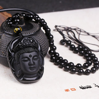 Buddha Gift Natural Black Obsidian Kwan Yin Avalokitesvara Strength String Necklace Pendant