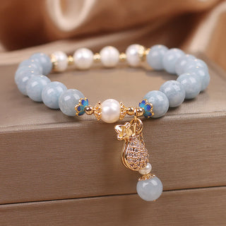 Buddha Gift Aquamarine Pearl Fortune Money Bag Charm Bracelet