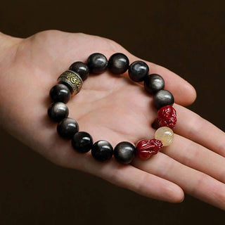 Buddha Gift Gold Sheen Obsidian PiXiu Cinnabar Om Mani Padme Hum Protection Bracelet
