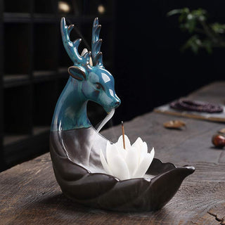 Buddha Gift Little Deer Ceramic Lotus Meditation Incense Burner Decoration