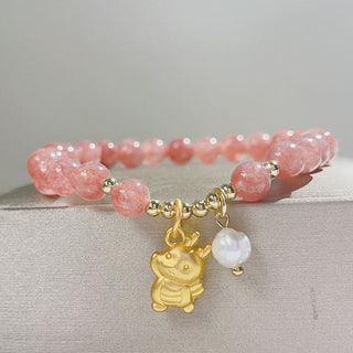 Buddha Gift Year of the Dragon Strawberry Quartz Dragon Pearl Charm Protection Bracelet