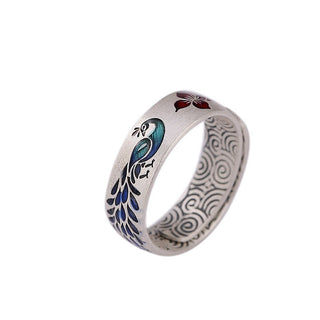 Buddha Gift 999 Sterling Silver Peacock Auspicious Clouds Engraved Lotus Flower Fortune Ring