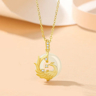 Buddha Gift 925 Sterling Silver Year of the Dragon Hetian Jade Golden Dragon Phoenix Peace Buckle Luck Necklace Pendant