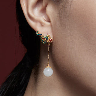 Buddha Gift Vintage White Jade Red Agate Bead Blessing Drop Dangle Earrings