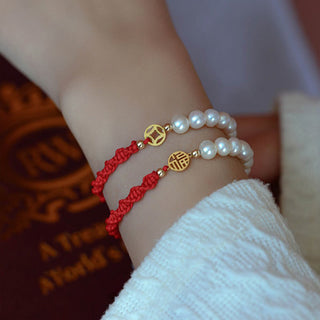 Buddha Gift 14K Gold Plated Pearl Bead Luck Protection Braid Red String Bracelet