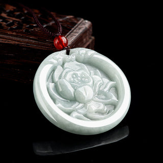 Buddha Gift Natural Jade Lotus Flower Carved Prosperity Necklace Pendant