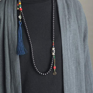 Buddha Gift 108 Beads Mala Ebony Wood Dzi Bead Copper Balance Tassel Bracelet