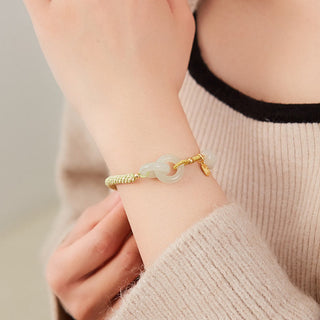 Buddha Gift Natural Hetian Jade Bead Double Peace Buckle Fu Character Abundance Braided Bracelet