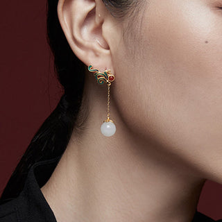 Buddha Gift Vintage White Jade Red Agate Bead Blessing Drop Dangle Earrings