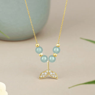 Buddha Gift 925 Sterling Silver Hetian Jade Bead Fishtail Luck Necklace Pendant