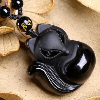 Buddha Gift Natural Black Obsidian Tiger Eye Ice Obsidian Fox Pendant Amulet Necklace