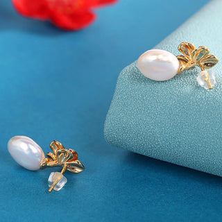 Buddha Gift 925 Sterling Silver Natural Baroque Pearl Flower Healing Drop Earrings