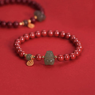Buddha Gift 925 Sterling Silver Year of the Dragon Natural Cinnabar Hetian Jade Dragon Fu Character Ruyi As One Wishes Charm Blessing Bracelet (Extra 30% Off | USE CODE: FS30)