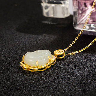 Buddha Gift 925 Sterling Silver Laughing Buddha Hetian White Jade Protection Necklace Pendant