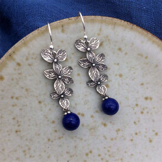 Buddha Gift 925 Sterling Silver Turquoise Lazurite Flower Leaf Serenity Protection Hook Drop Dangle Earrings