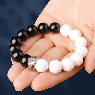 Buddha Gift 925 Sterling Silver Black Obsidian White Shell Yin Yang Strength Bracelet