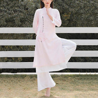 Buddha Gift 2Pcs Lotus Pattern Tai Chi Meditation Yoga Cotton Linen Clothing Top Pants Women's Set