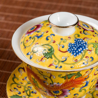 Buddha Gift Dragon Phoenix Flower Design Ceramic Gaiwan Sancai Teacup Kung Fu Tea Cup And Saucer With Lid