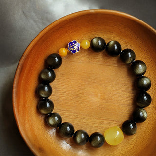 Buddha Gift 925 Sterling Silver Chinese Zodiac Natal Buddha Natural Gold Sheen Obsidian Amber Wealth Protection Bracelet