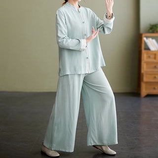 Buddha Gift 2Pcs Tang Suit Long Sleeve Shirt Top Pants Meditation Zen Tai Chi Cotton Linen Clothing Women's Set