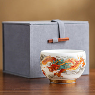 Buddha Gift Dragon Phoenix Auspicious Clouds Ceramic Teacup Kung Fu Tea Cup With Gift Box