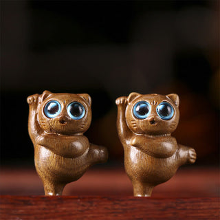 Buddha Gift Mini Green Sandalwood Dancing Cat Engraved Positive Desk Decorations