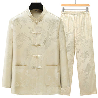 Buddha Gift Tang Suit Men Hanfu Chinese Dragon Traditional Clothes Kung Fu Shirt Uniform Long Sleeved Coat Tops and Pants Clothing Men's Set