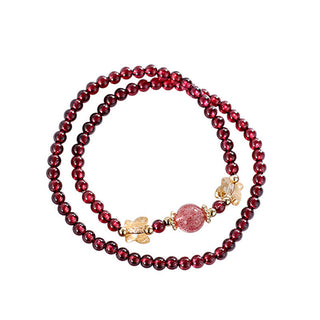 Buddha Gift 14K Gold Plated Natural Garnet Strawberry Quartz Butterfly Protection Double Wrap Bracelet