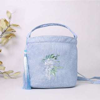 Buddha Gift Embroidery Wisteria Plum Lotus Cherry Blossom Cotton Linen Canvas Tote Crossbody Bag Shoulder Bag Handbag