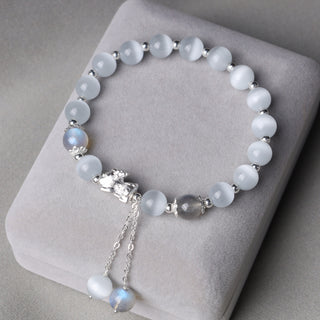 Buddha Gift Natural Cat's Eye Moonstone Strawberry Quartz PiXiu Support Bracelet