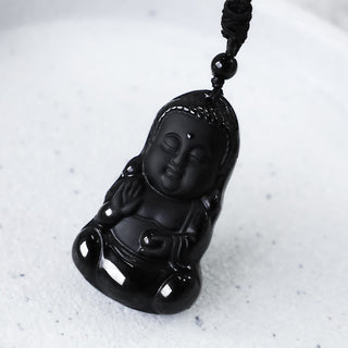 Buddha Gift Natural Black Obsidian Crystal Buddha Strength Protection Amulet Lucky Charm Pendant Necklace