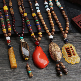 Buddha Gift Tibetan Wenge Wood Bodhi Seed Agate Balance Peace Necklace Pendant