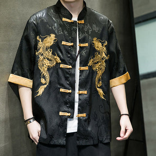 Buddha Gift Frog-Button Chinese Dragon Embroidery Half Sleeve Shirt Linen Men Clothing