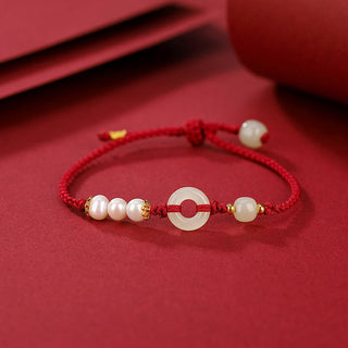 Buddha Gift 925 Sterling Silver Plated Gold Hetian Jade Peace Buckle Pearl Luck Bracelet