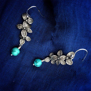Buddha Gift 925 Sterling Silver Turquoise Lazurite Flower Leaf Serenity Protection Hook Drop Dangle Earrings