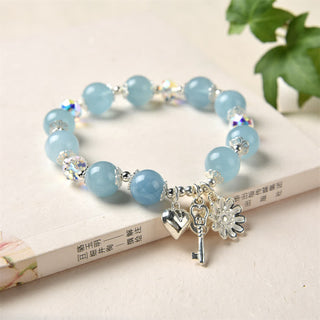 Buddha Gift 925 Sterling Silver Natural Aquamarine Serenity Flower Love Key Charm Bracelet