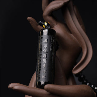 Buddha Gift Natural Black Obsidian Heart Sutra Purification Necklace Pendant