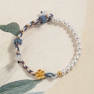 Buddha Gift 925 Sterling Silver Peach Blossom Pearl Chalcedony Healing Rope Bracelet