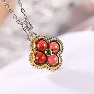 Buddha Gift 925 Sterling Silver Natural Garnet Four-leaf Clover Protection Necklace Pendant Ring