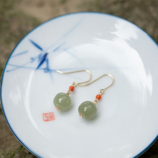 Buddha Gift 925 Sterling Silver 14K Gold Plated Hetian Jade Red Agate Luck Drop Dangle Earrings