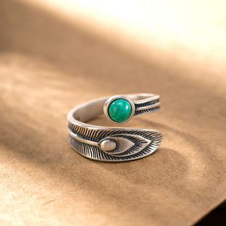 Buddha Gift 925 Sterling Silver Malachite Bead Feather Protection Ring