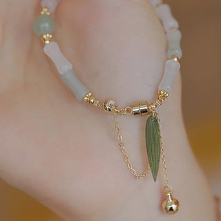 Buddha Gift 14K Gold Plated Hetian White Jade Bamboo Leaf Luck Protection Bracelet