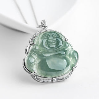 Buddha Gift 925 Sterling Silver Laughing Buddha Natural Jade Luck Necklace Chain Pendant