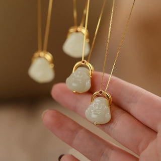 Buddha Gift 925 Sterling Silver Natural Hetian Jade Laughing Buddha Abundance Chain Necklace Pendant